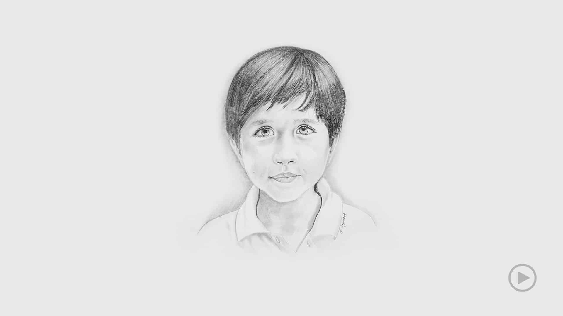 Time-lapse pencil drawing of 7 year old boy with beautiful eyes and a shy smile.