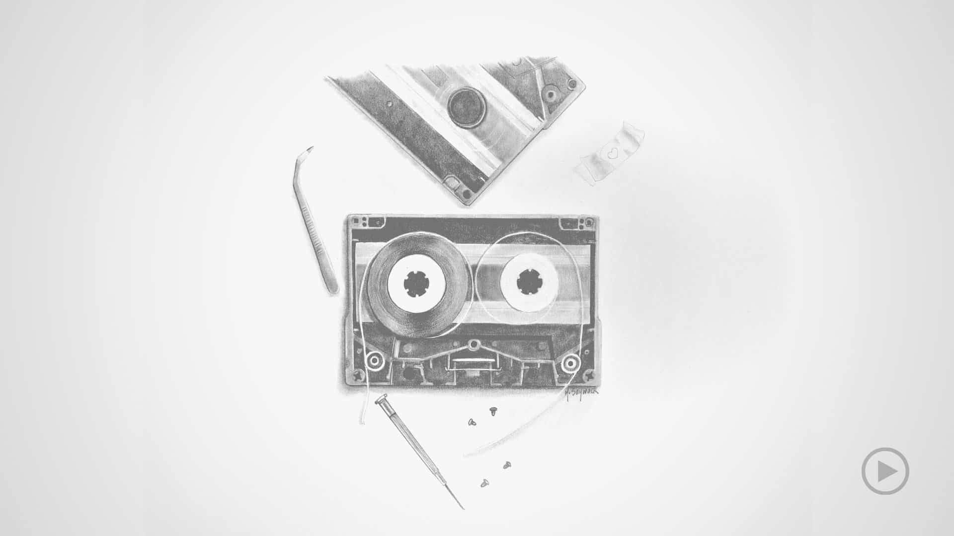 Pencil drawing of a broken cassette tape.